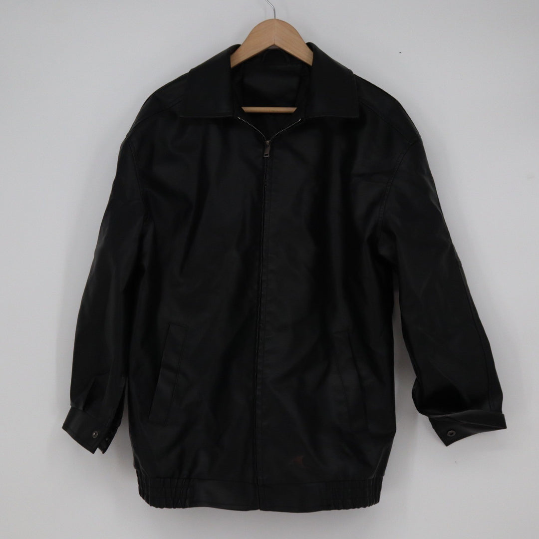 Mens Black Faux Leather Bomber Jacket Full Zip Collared Elastic Hem Small