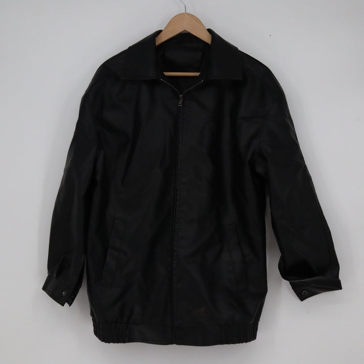 Mens Black Faux Leather Bomber Jacket Full Zip Collared Elastic Hem Small