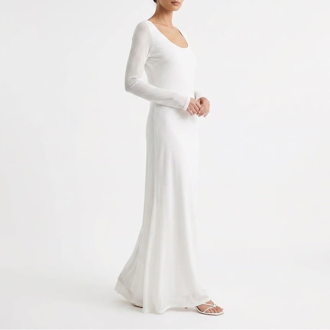 Popilush White Built-In Shapewear Mesh Maxi Dress Long Sleeve V-Neck 3XL NEW