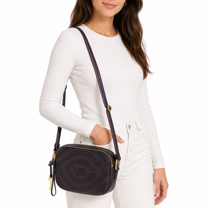 Fossil Elle Women's Handbag Black Leather Pockets Adjustable Strap Crossbody Bag