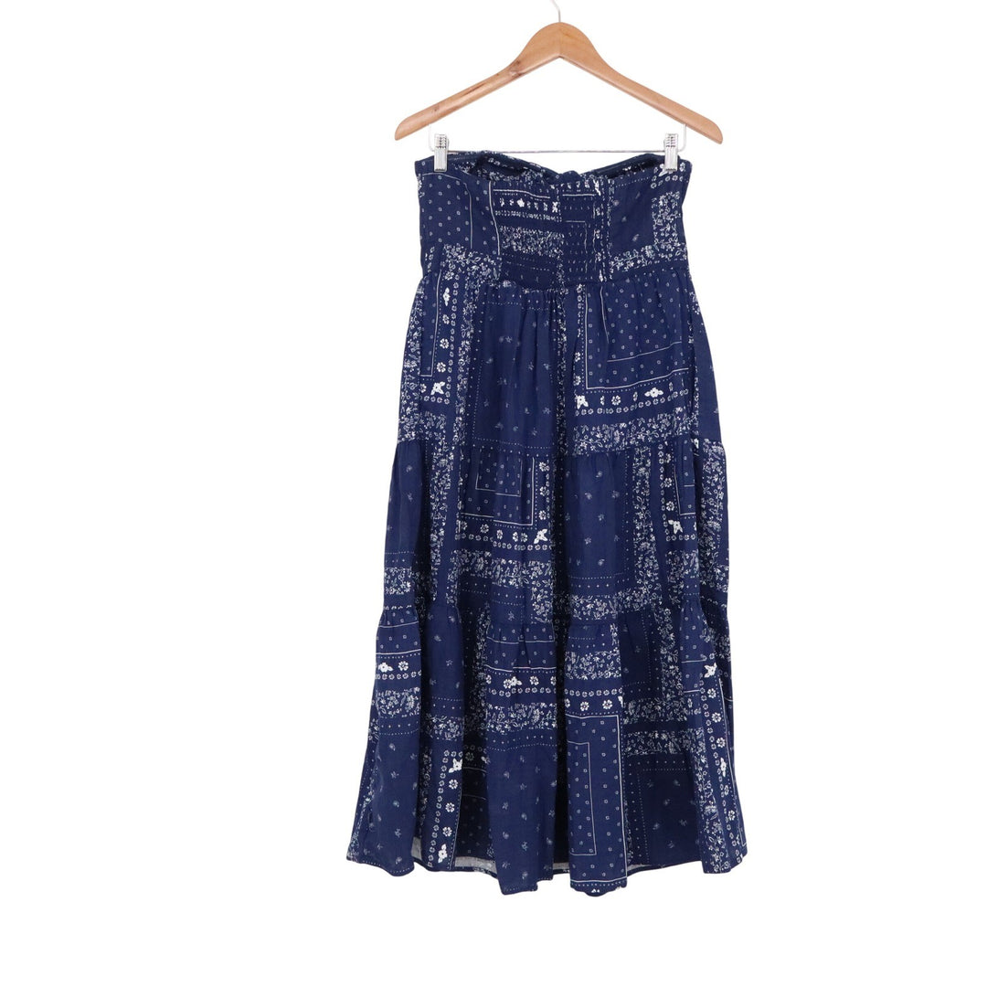 Universal Thread Navy Blue Bandana Patchwork Strapless Tiered Midi Dress M