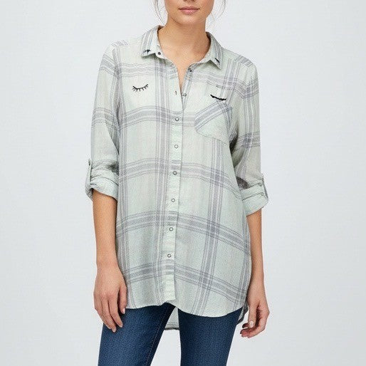 Make Model Plaid Button Down Shirt Long Sleeve Mint Gray Women's Size M
