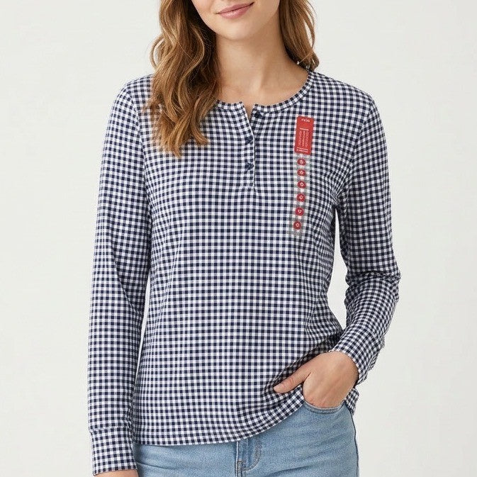 Charter Club Intimates Pajama Top Womens Medium Blue Gingham Check Henley Neck