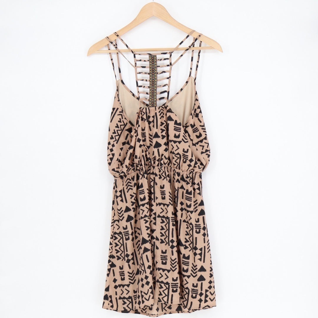 Three Pink Hearts Fit & Flare Dress Womens M Beige Aztec Print Spaghetti Strap