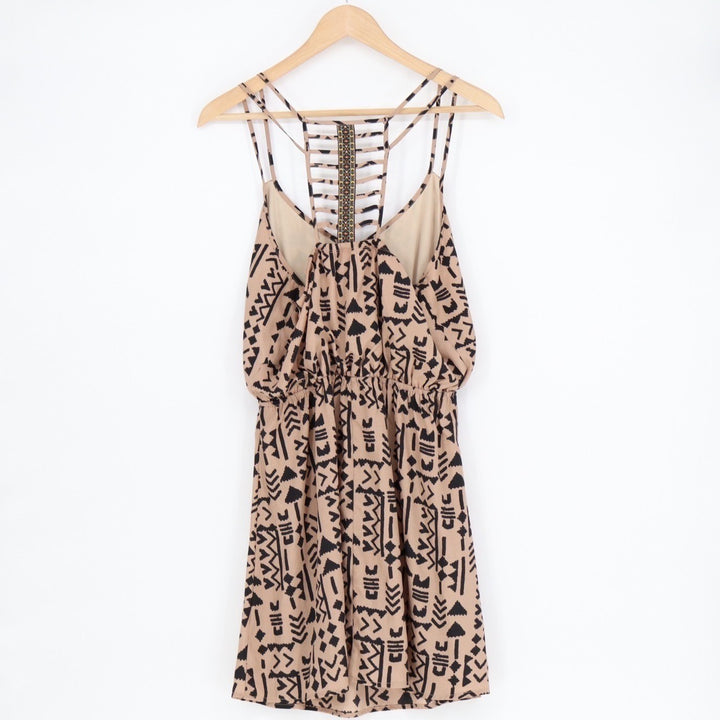 Three Pink Hearts Fit & Flare Dress Womens M Beige Aztec Print Spaghetti Strap