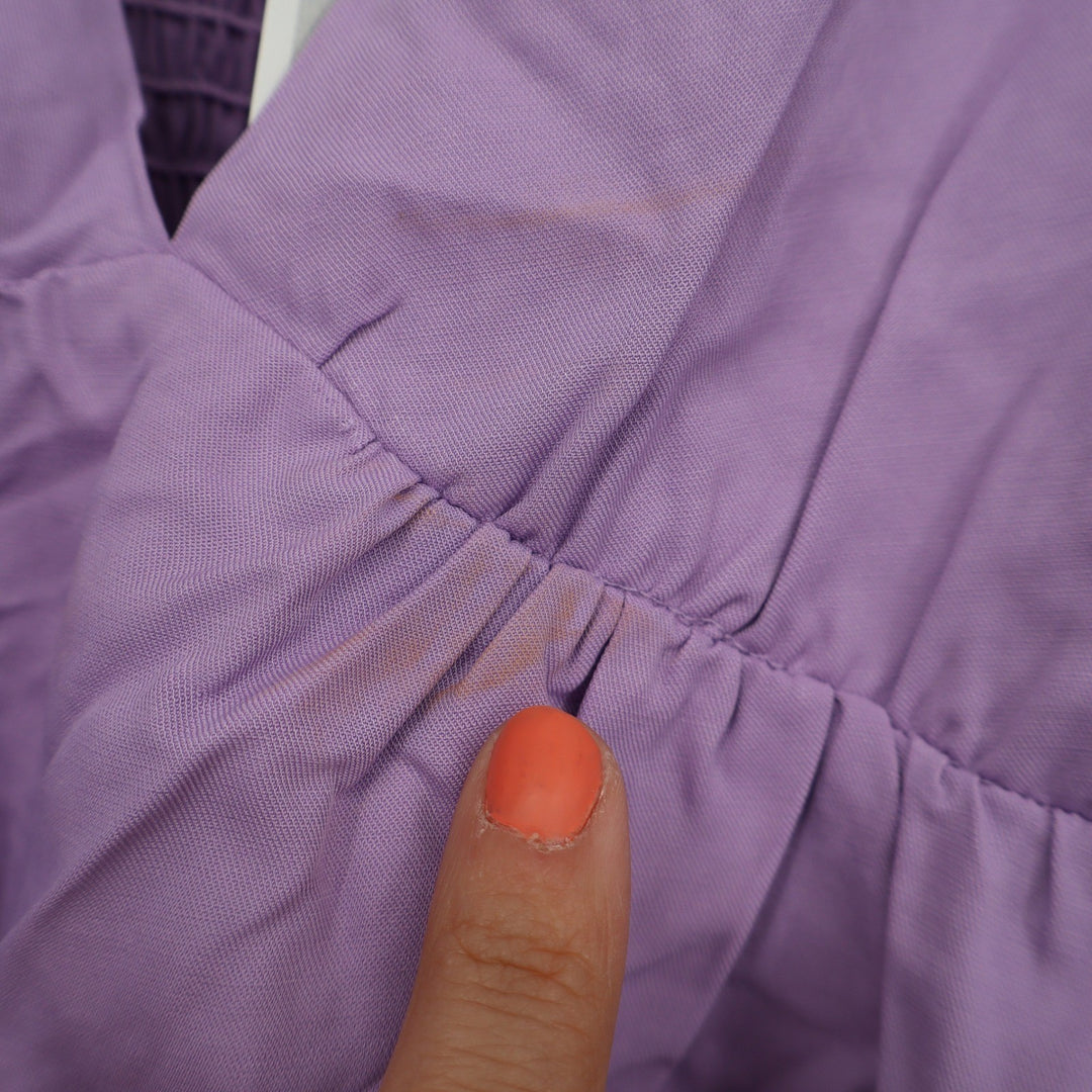 Idem Ditto Puff Sleeve Peplum Top Lavender Purple V-Neck Smocked Back Large