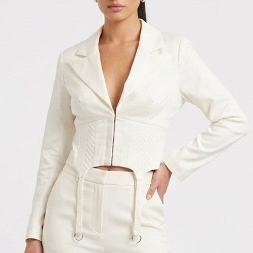 Naked Wardrobe The Statement Ivory Cropped Garter Blazer Small
