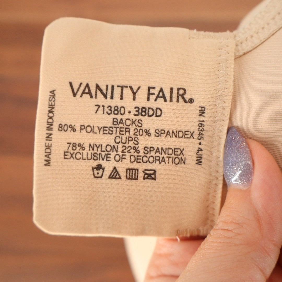 Vanity Fair Beauty Back Bra Women 38DD Beige Stretch Full Figure Wirefree Padded