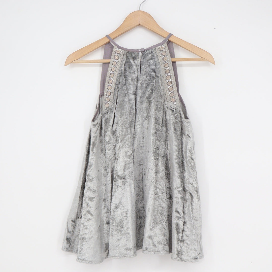 Blank London Silver Grey Crushed Velvet Embellished Halter Top XS Boho Sequin