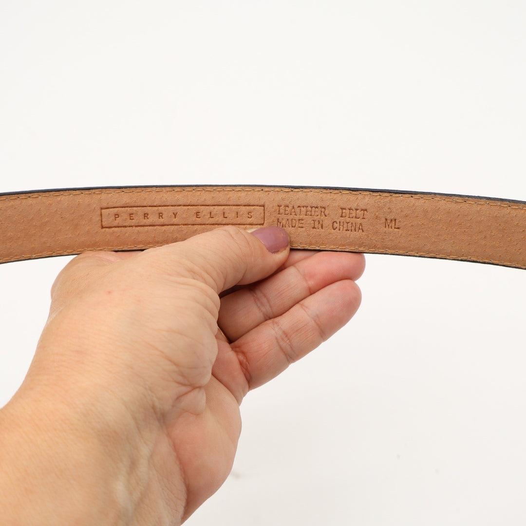 Perry Ellis Black Leather Belt Gold Buckle Size ML
