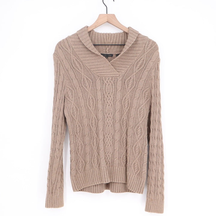 Jeanne Pierre Sweater Womens Medium Brown Cable Knit Cotton Shawl Collar Outdoor