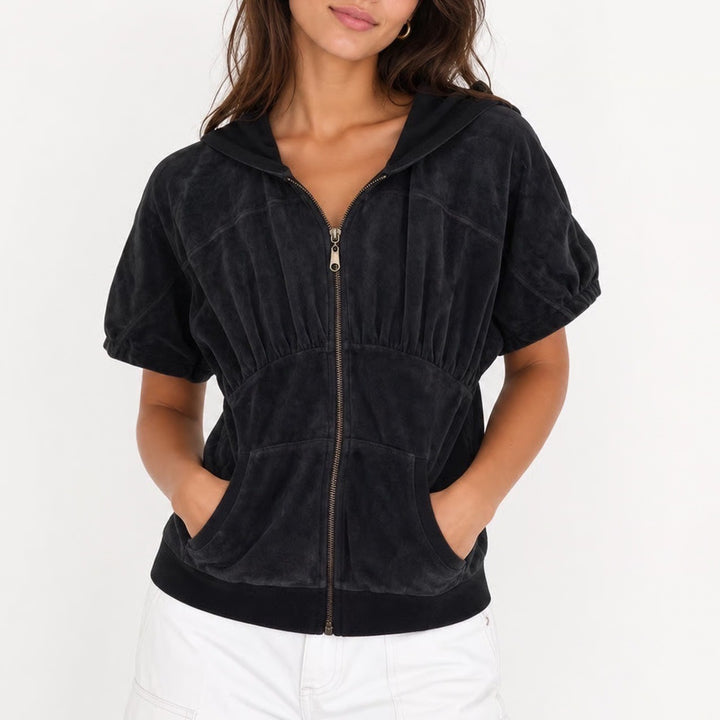 Mossimo Supply Co Black Velour Short Sleeve Zip Up Hoodie Empire Waist XS