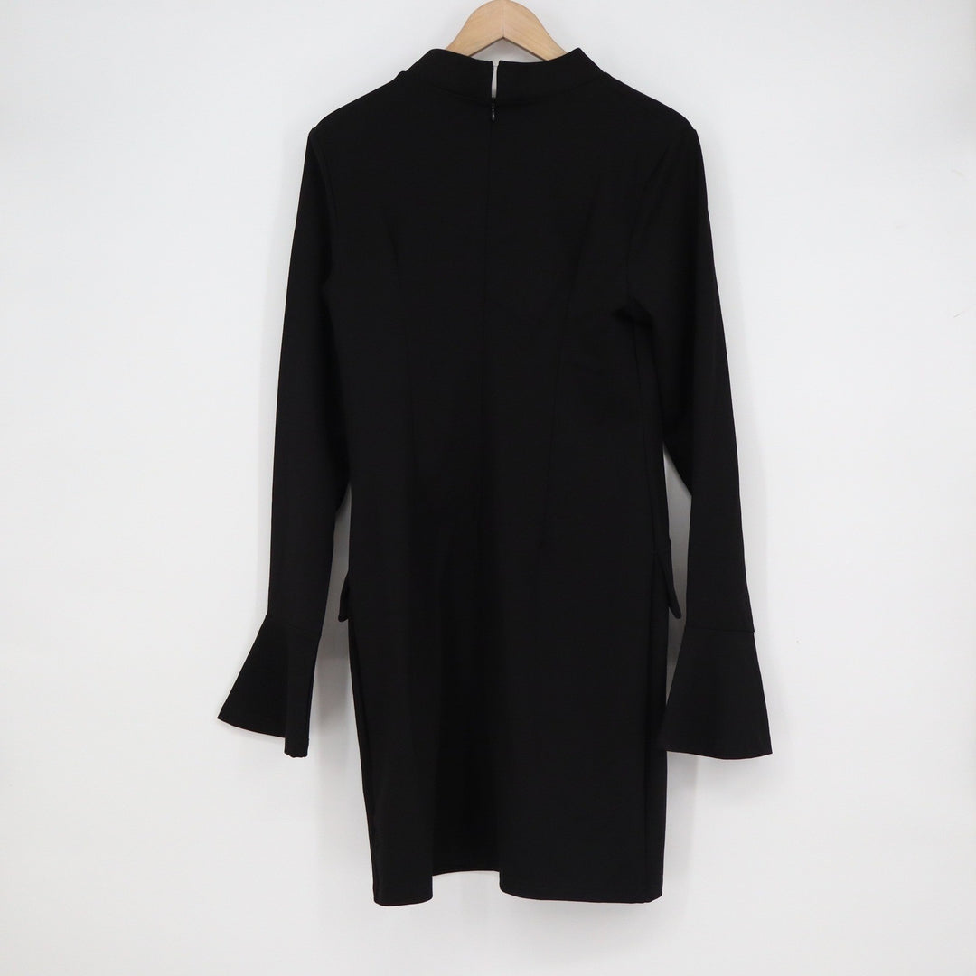 Black Mock Neck Mini Dress Long Bell Sleeve Flap Pockets XL