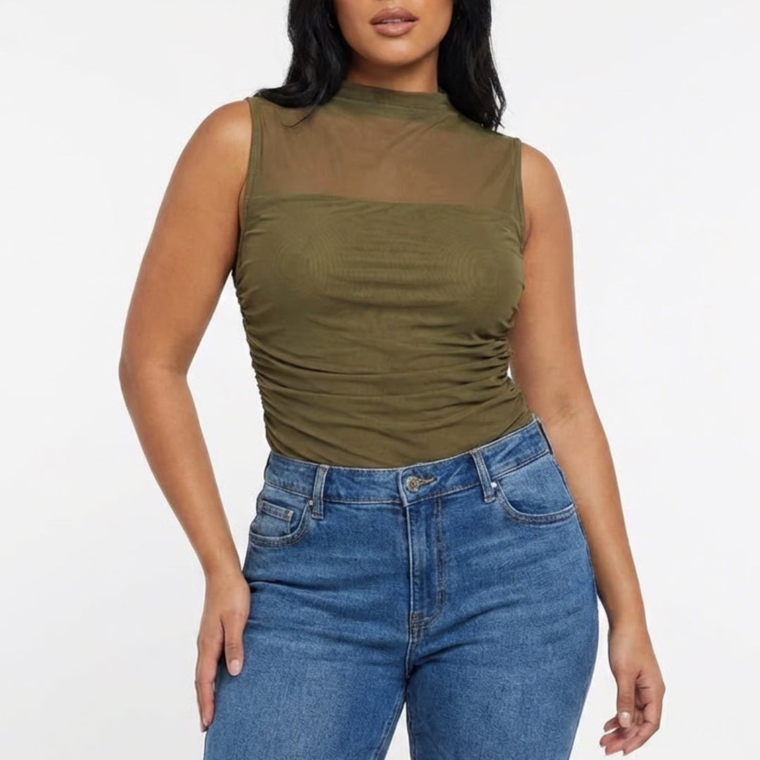 Avidlove One Piece Bodysuit Womens L Olive Green Stretch Sheer Ruched Mock Neck
