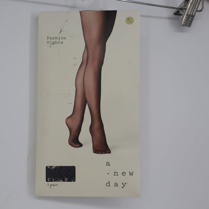 A New Day Ebony Black Fashion Tights M/L Semi-Sheer Mesh Hosiery