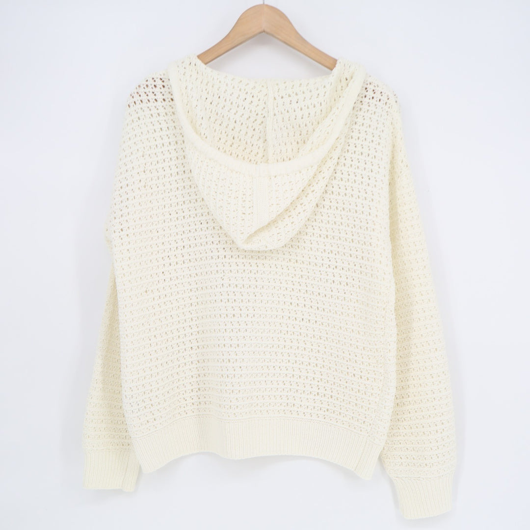 Nicole Miller Artelier Sweater Womens Medium Ivory Open Knit Hooded Long Sleeve