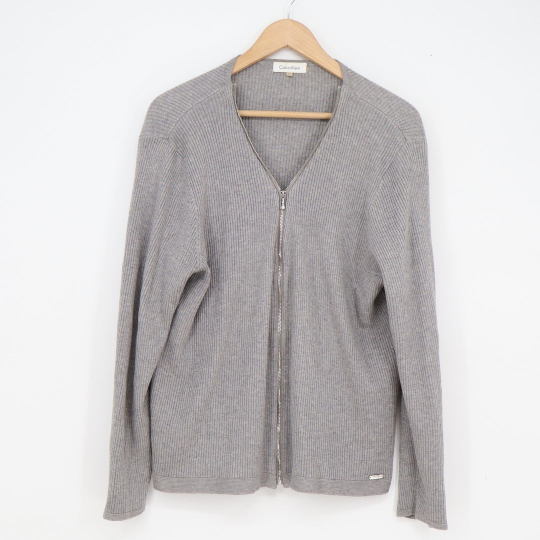 Calvin Klein Gray Ribbed Full Zip Cardigan V-Neck Sweater XL