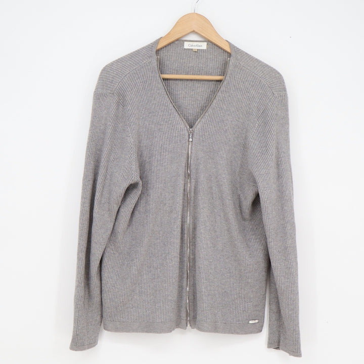 Calvin Klein Gray Ribbed Full Zip Cardigan V-Neck Sweater XL