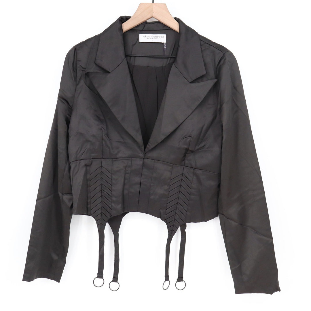 Naked Wardrobe The Statement Black Cropped Garter Blazer Size M