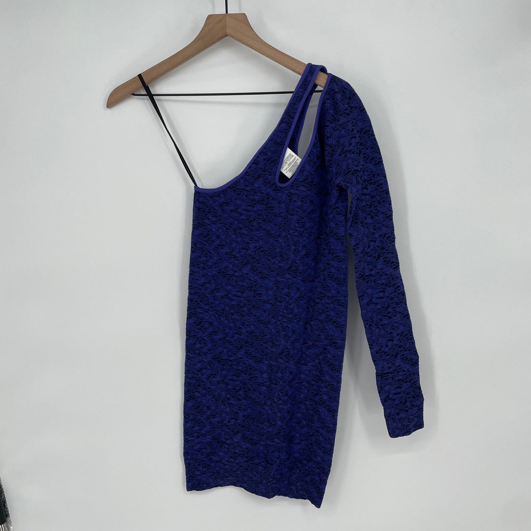 BCBG Generation Blue Black Textured One Shoulder Mini Dress XS S