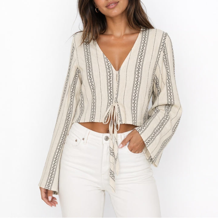 American Eagle Outfitters Boho Top Womens L Beige Striped Bell Sleeve Tie-Front