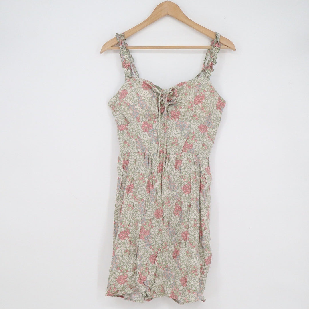 AUW Floral Mini Dress L Green Pink Ruffle Strap Smocked Back Womens