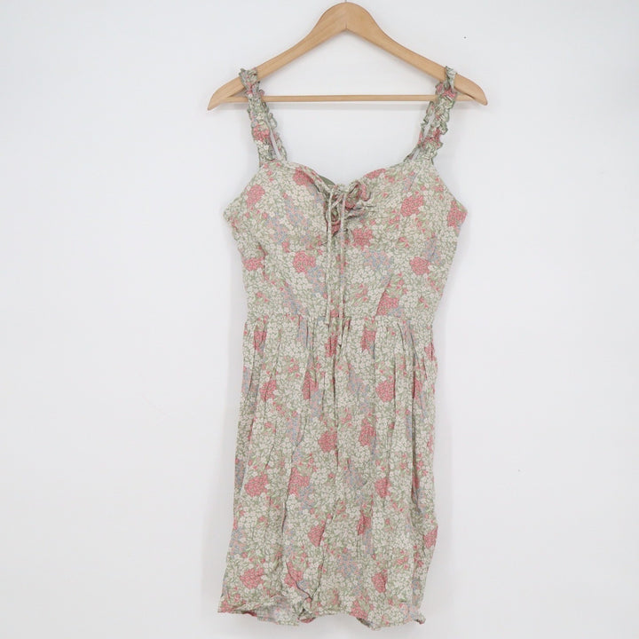 AUW Floral Mini Dress L Green Pink Ruffle Strap Smocked Back Womens