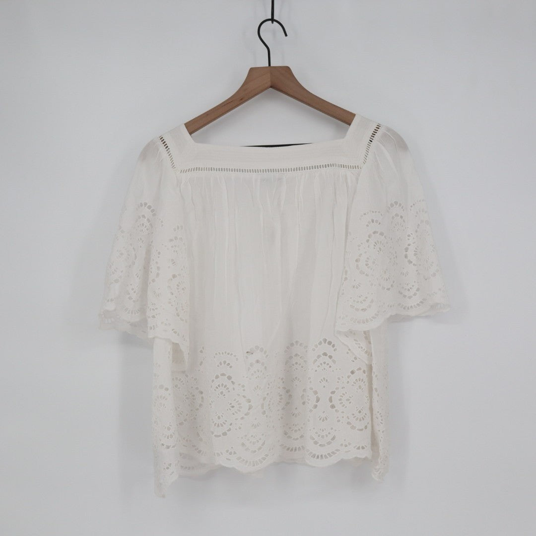 Madewell T-Shirt Womens XL White Flutter Sleeve Squareneck Scalloped Lace Trim