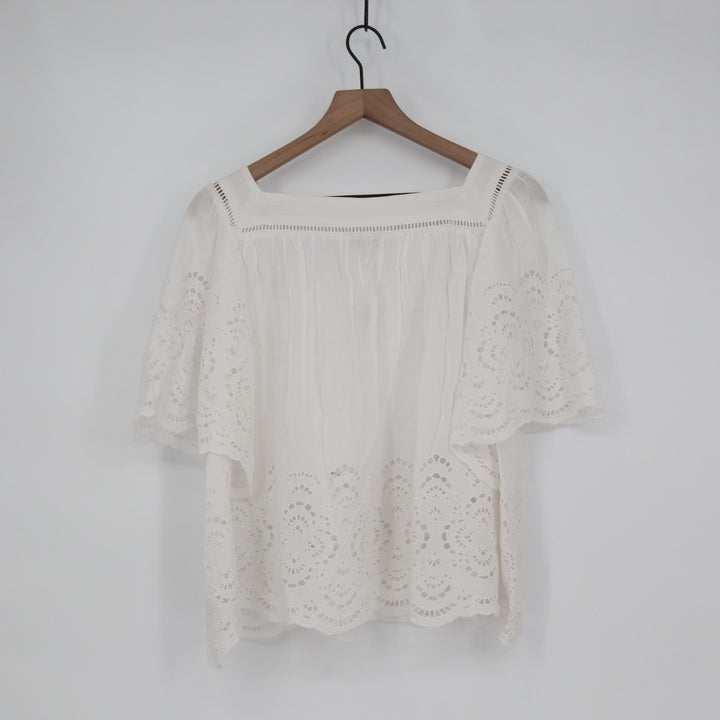 Madewell T-Shirt Womens XL White Flutter Sleeve Squareneck Scalloped Lace Trim