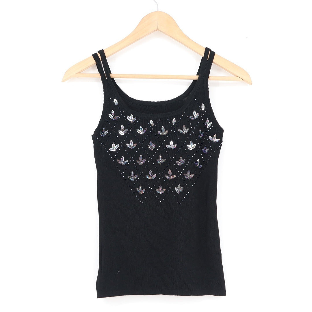Black Ribbed Knit Tank Top Double Strap Sequin Beaded Embellished Slim Fit