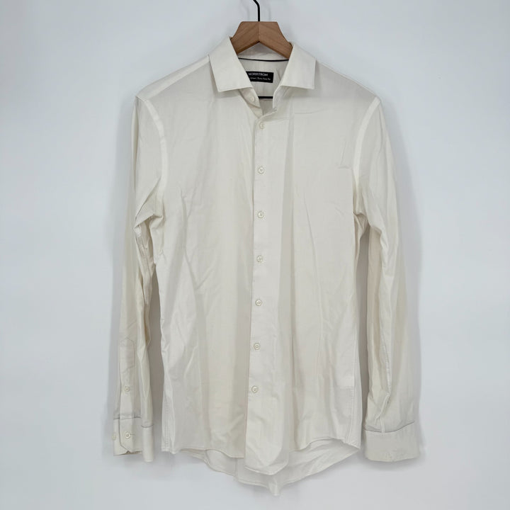 Nordstrom Tech Smart Extra Trim Fit Dress Shirt Mens 15.5 Beige Cotton Stretch