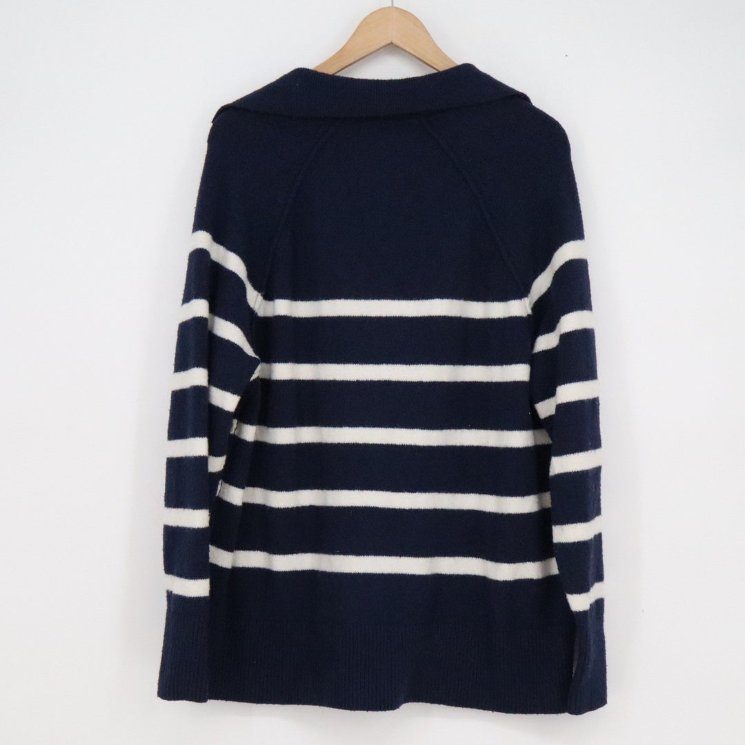 Aerie Navy Blue White Striped Polo V-Neck Sweater Small S Nautical Relaxed Fit