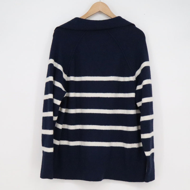 Aerie Navy Blue White Striped Polo V-Neck Sweater Small S Nautical Relaxed Fit