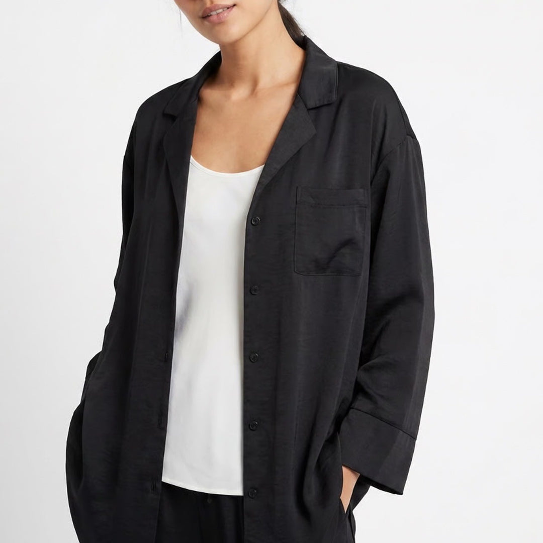Auden Pajama Shirt Women's Medium Black Spread Collar Long Sleeve Sleepwear