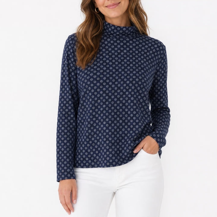 Lands End Womens XL Navy Blue Snowflake Print Mock Neck Long Sleeve Top