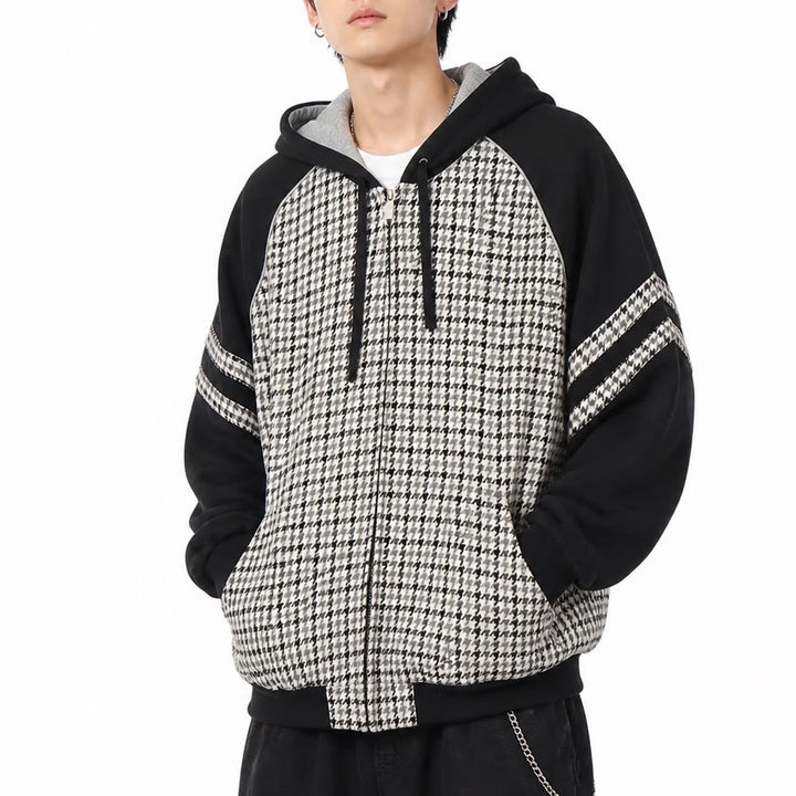 TNK JNS Mens Houndstooth Wool Blend Full Zip Hoodie Jacket Black White Raglan