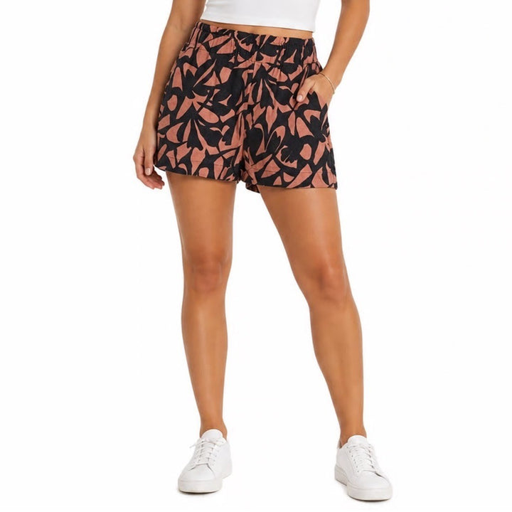 A New Day Womens Linen Blend Abstract Leaf Paperbag Waist Shorts Rust Black M