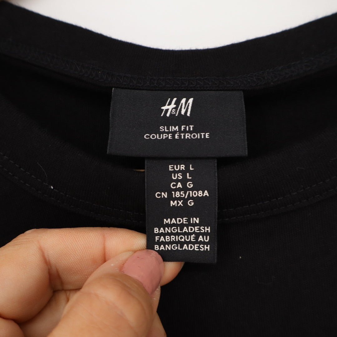 HM Mens Slim Fit Crew Neck Short Sleeve Cotton T-Shirt Black Size L