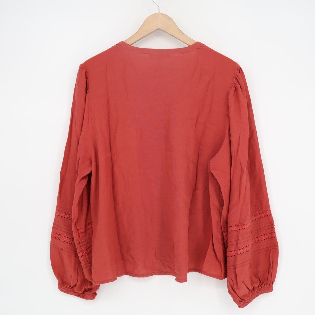 Treasure & Bond Tunic Top Women Medium Orange Balloon Sleeve Split Neck Pullover