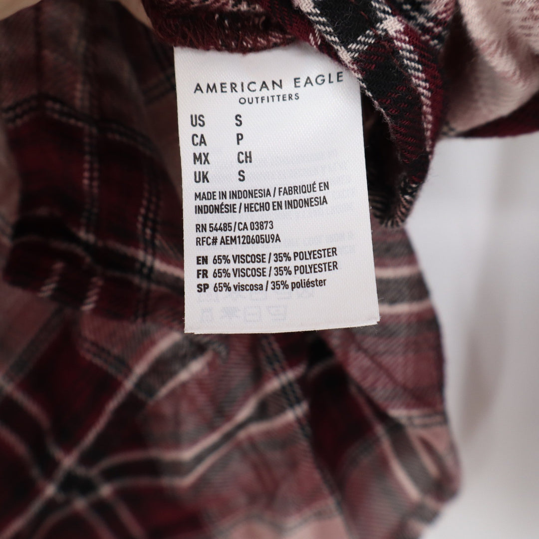American Eagle Womens Small Boyfriend Fit Plaid Button Down Shirt Burgundy Pink