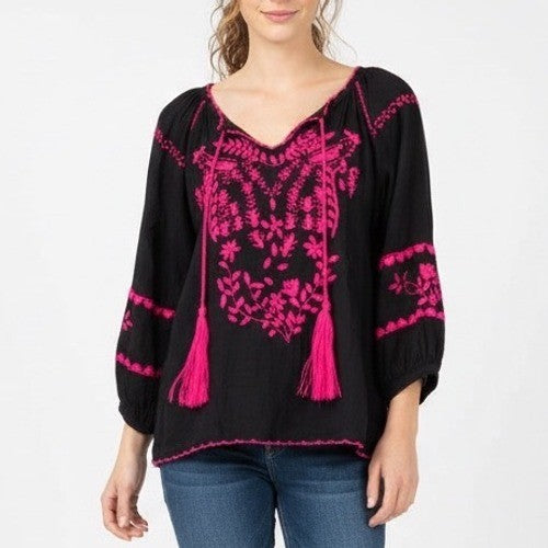 Black Embroidered Tassel Boho Blouse Long Sleeve Cotton