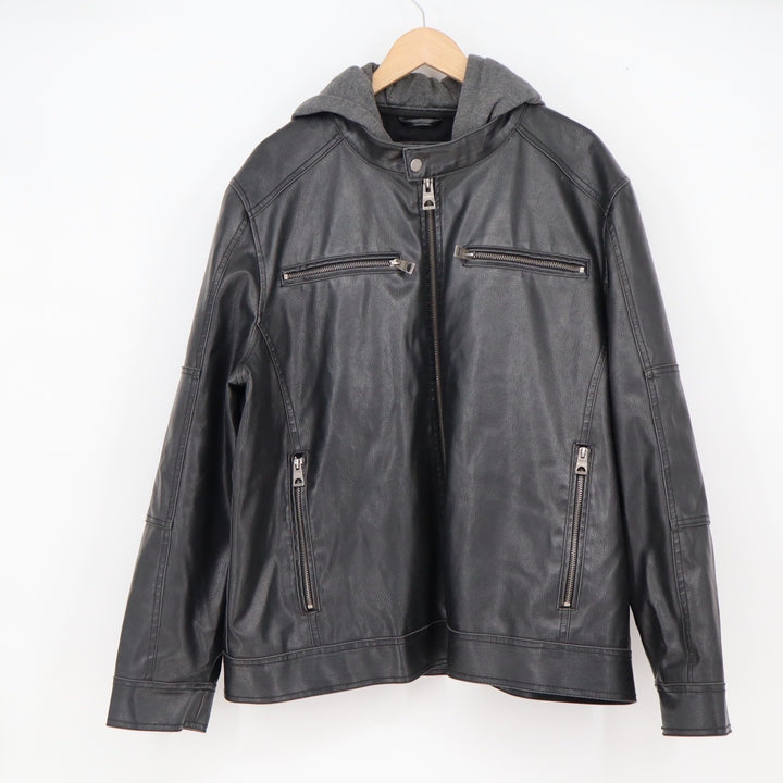 Guess Jacket Mens XXL Hooded Faux Leather Racer Black Moto Excellent