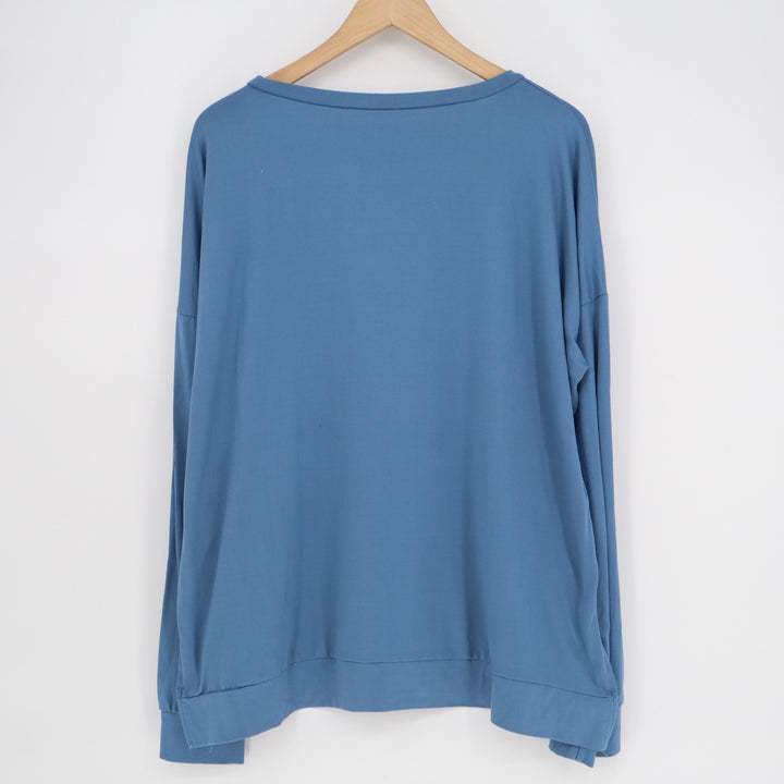 Womens Shirt Blue Cotton Round Neck Long Sleeve Side Slit Casual Pullover Tee