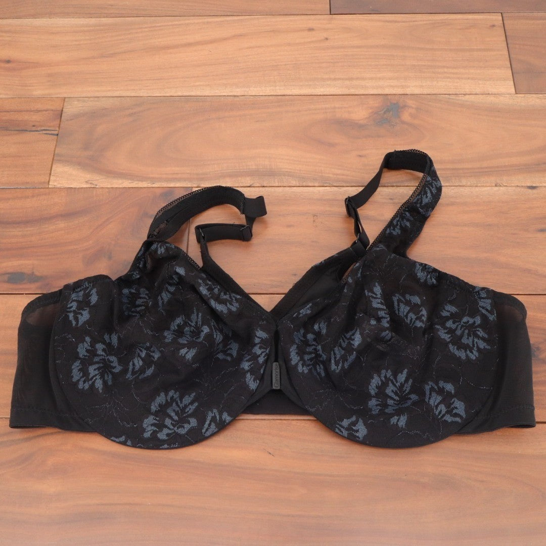 Glamorise Front-Closure Lacey T-Back Wonderwire Bra Womens 46C Black Floral