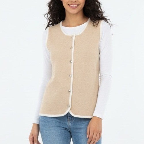Miss Love Beaded Button Knit Vest Tank Top Size L Beige Cream Trim Sleeveless