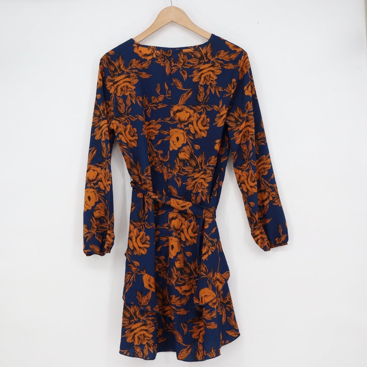Huguest Navy Blue Burnt Orange Floral Wrap Mini Dress Long Sleeve Medium