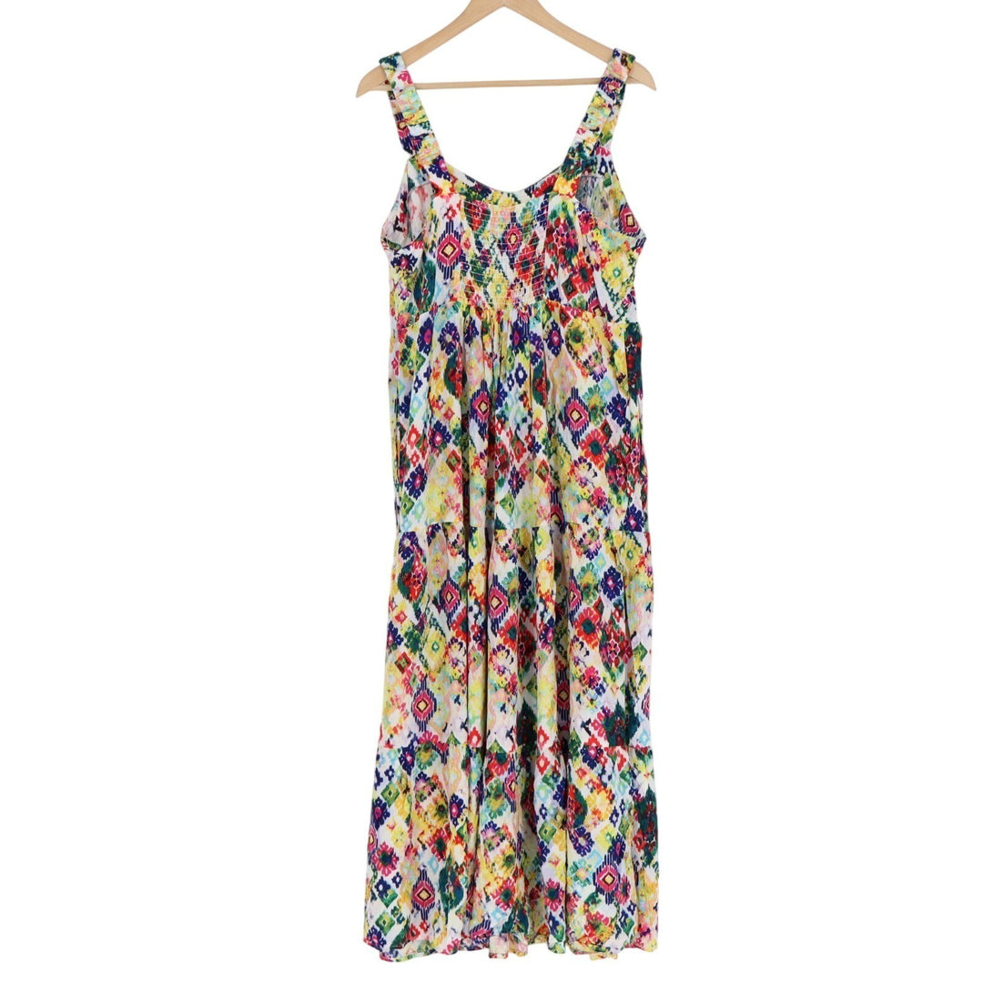 Terra & Sky Maxi Dress Womens 0X (14W) Multicolor Geometric Pleated Smocked Back