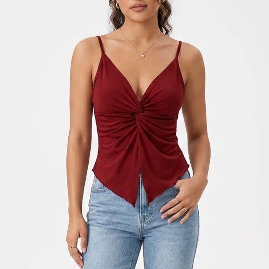 SHEIN Burgundy Red Twist Front Handkerchief Hem Cami Top XS Adjustable Straps