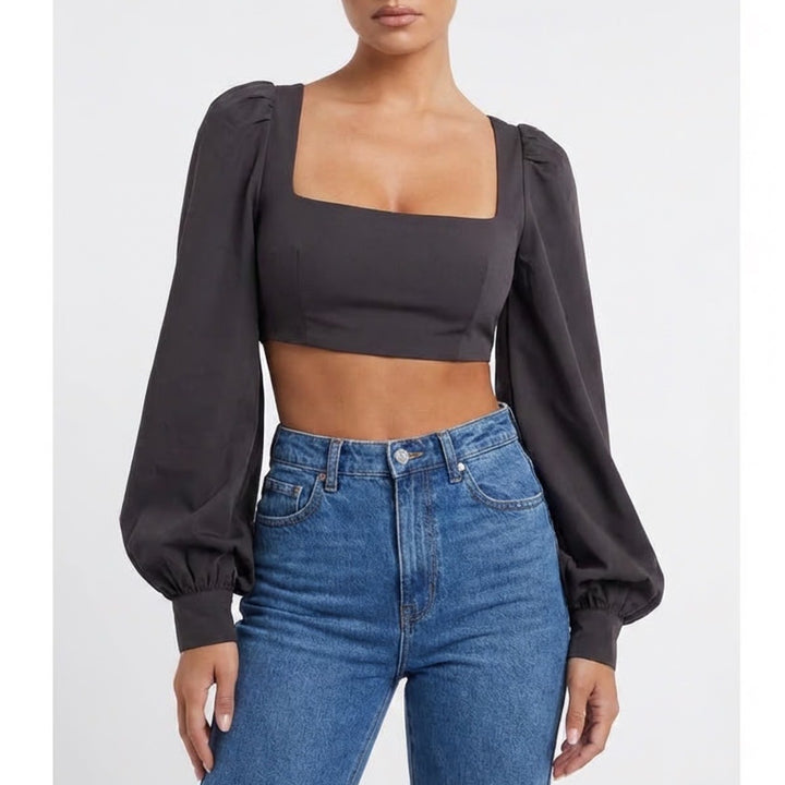 Naked Wardrobe Black Puff Sleeve Crop Top Square Neck M