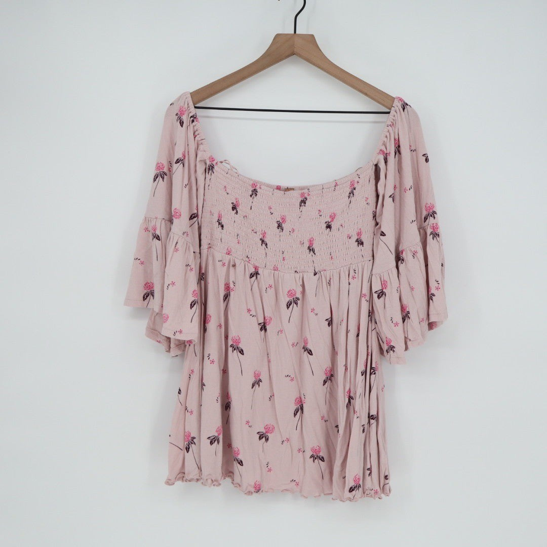 Free People Pink Floral Smocked Square Neck Bell Sleeve Blouse Top M